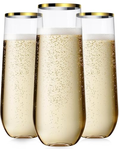 24 Pcak Champagne Flutes Plastic, 9 Oz Disposable Stemless Mimosa Gold Rim Toasting Glasses, Clear Crystal Plastic Cocktail Cups for Party Wedding Birthday