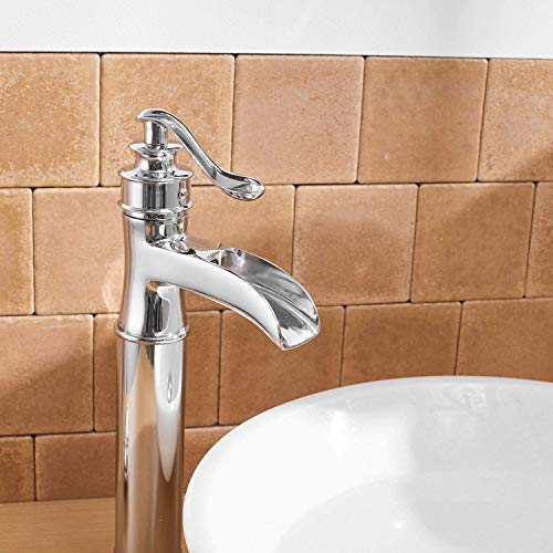 BWE Vessel Sink Faucet Waterfall Matte Black with Pop Up Drain Without Overflow and Supply Lines, Black Sink Faucet Bathroom One Handle Faucets Vanity Bath Mixer Tap