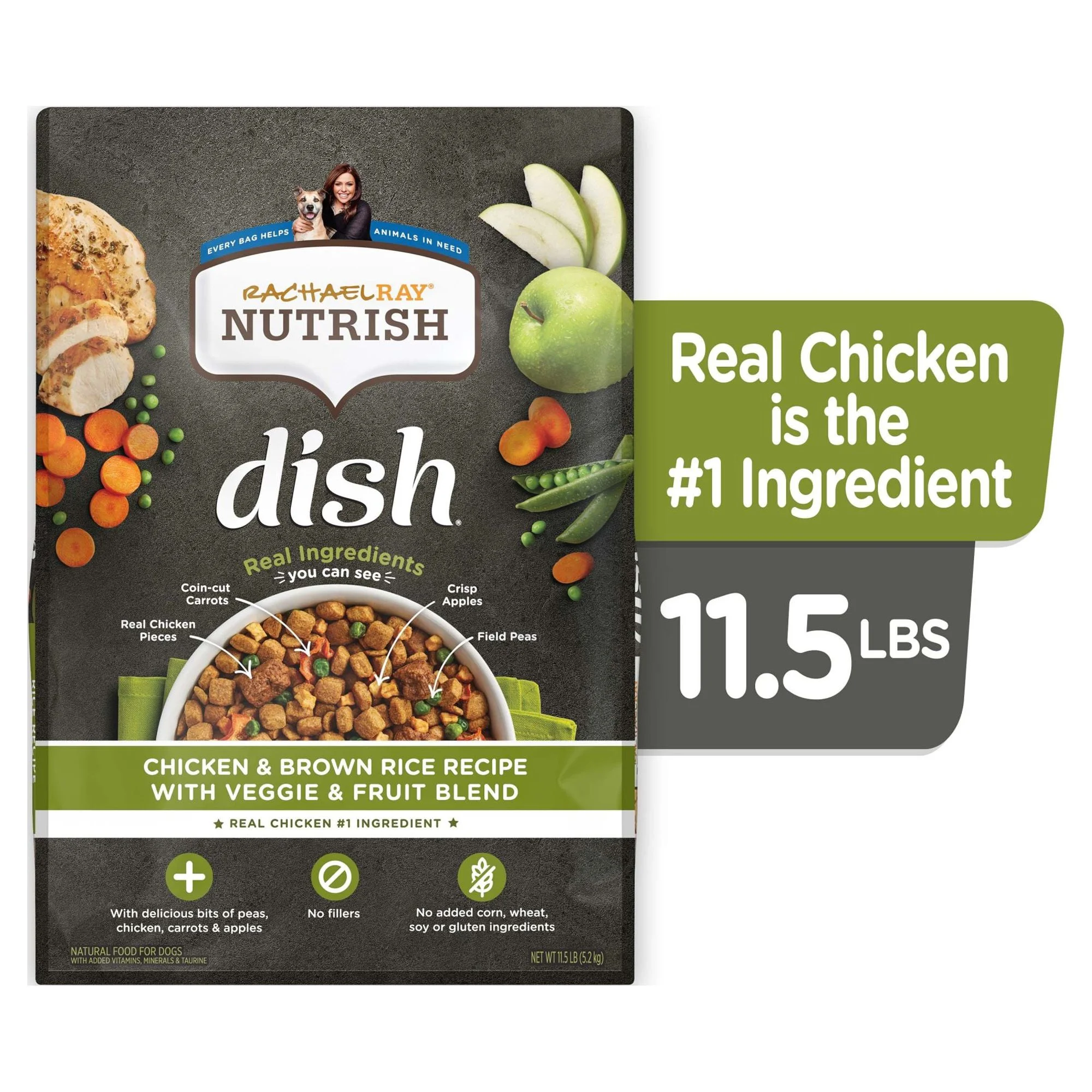 Rachael Ray Nutrish Dish Natural Premium Dry Dog Food, Chicken & Brown Rice Recipe With Veggies & Fruit, 11.5 Lbs