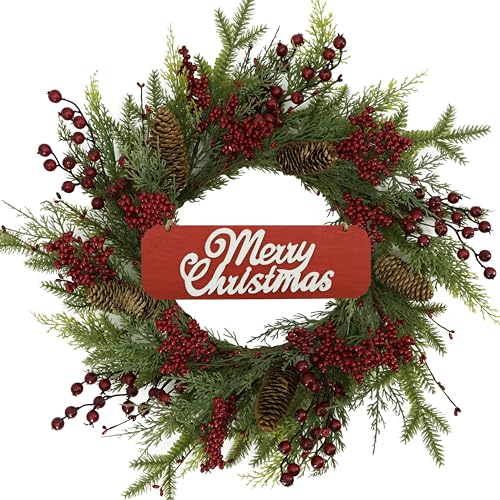 Artificial Christmas Wreaths for Front Door with red Berry,Pine Cones,Pine Needles for Indoor Outdoor Farmhouse Home Wall Window Festival Wedding Decor