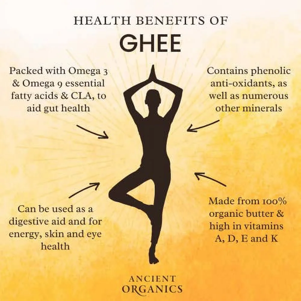 Ancient Organics Ghee - Gluten-Free Grass-Fed Clarified Kosher Vegetarian Ghee Butter with Vitamins & Omegas, Non-GMO, Lactose Reduced, 100% USDA Certified Organic, Made in USA – 32 Fl Oz 2-Pack