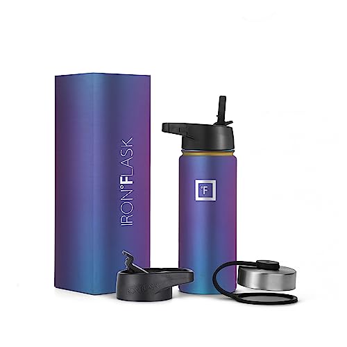 IRON °FLASK Camping & Hiking Hydration Flask with 3 Lids - Stainless Steel, Double Walled & Vacuum Insulated Water Bottle - Leak Proof & BPA Free (Midnight Black, Straw - 40 oz)