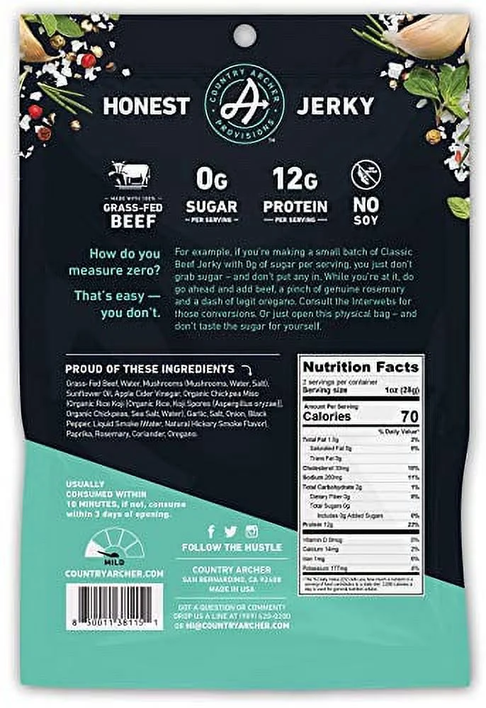 Zero Sugar Classic Beef Jerky by Country Archer, 100% Grass-Fed, Sugar Free, Gluten Free, Protein Snacks, 2 Ounce, 6 Pack