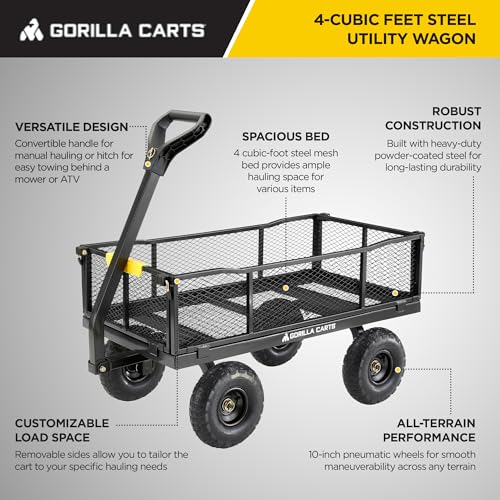 Gorilla Carts Steel Utility Wagon w/Removable Side Panels, 4 Cu Ft, 900 lb Capacity, Black - Outdoor Flatbed Cart with 40