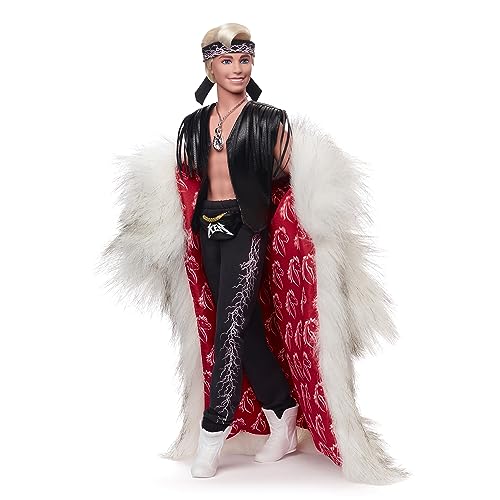 Barbie The Movie Collectible Ken Doll Wearing Big Faux Fur Coat and Black Fringe Vest with Bandana