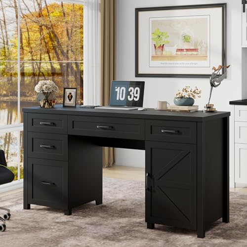 Farmhouse 61'' Executive Desk with 5 Drawers, Rustic Office Desk Computer Desk with Charging Station, File Drawers and Storage Cabinet, Wood Workstation for Study and Home Office,(Pure Black.)