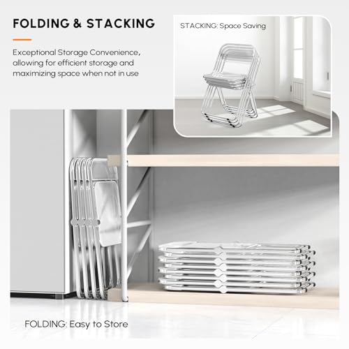 VINGLI Acrylic Folding Chairs 2 Pack, Clear Chair Foldable and Stackable, Plastic Panel & Metal Chrome Frame, Weight Capacity 350 lbs, Transparent