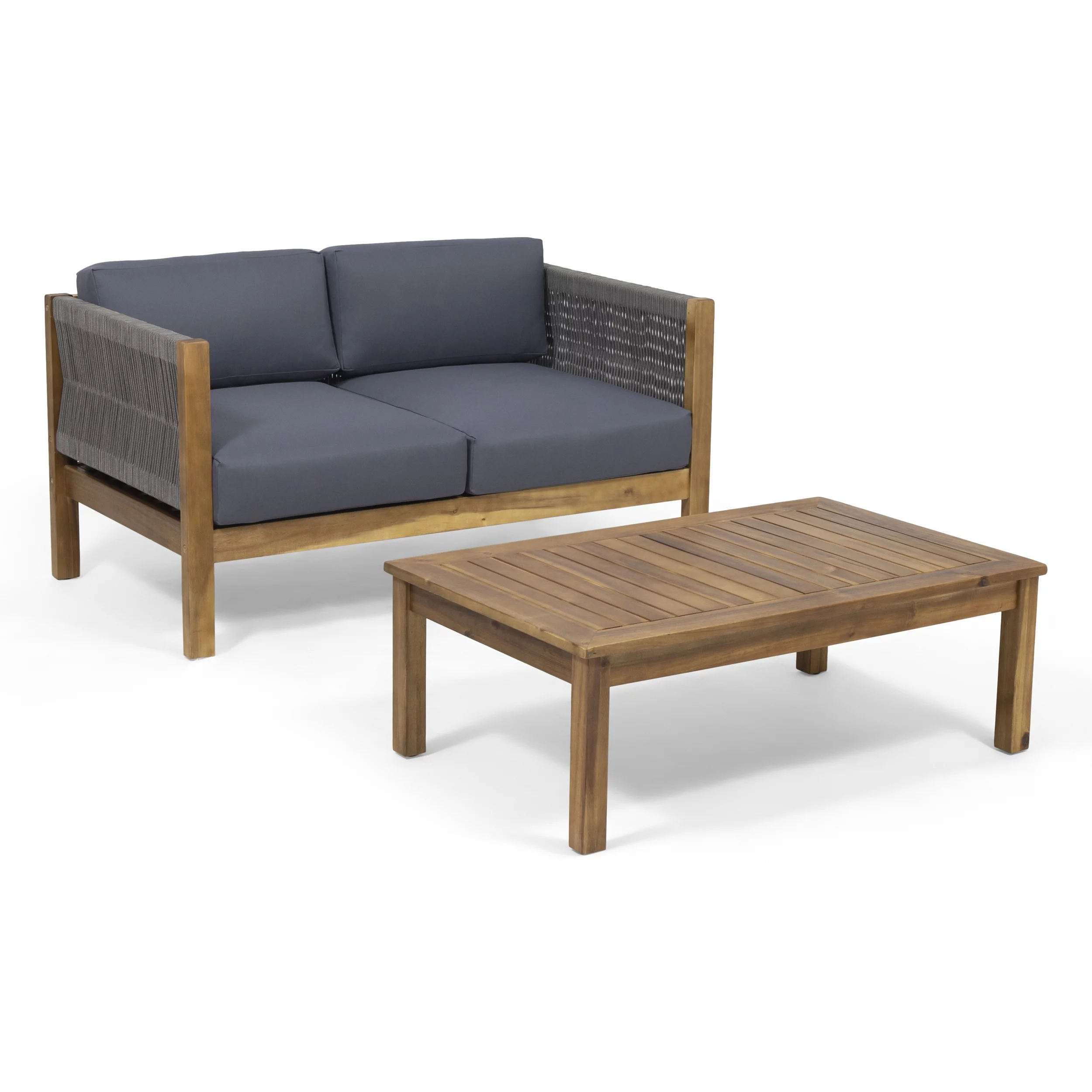 Charlotte Modern Outdoor Loveseat Set, Teak and Gray