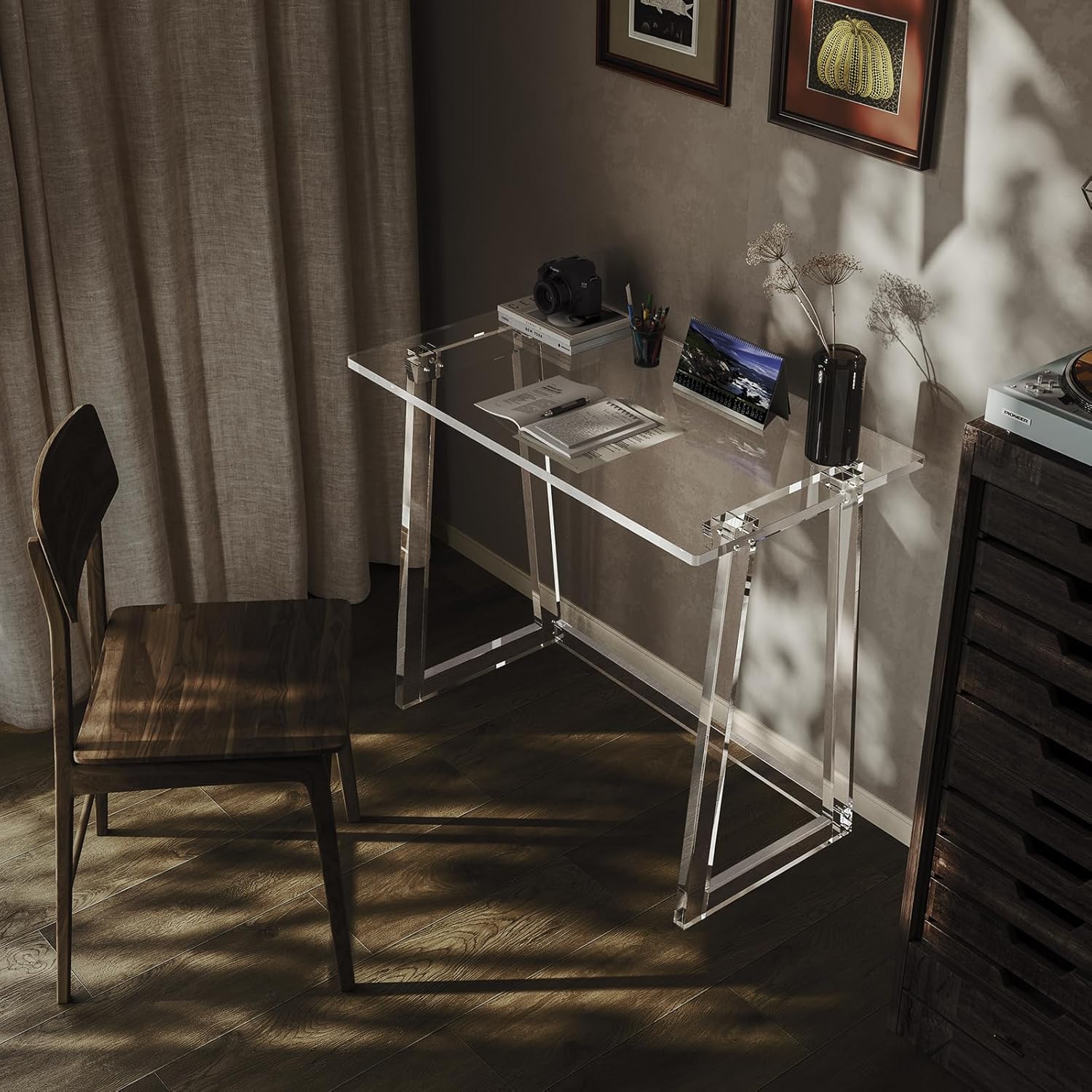 HMYHUM Acrylic Desk, 35.4 Inch, Clear Small Computer Desk with Trapezoid-shaped Legs for Home Office, Study, Writing, Vanity, Modern, Easy Assembly, 19.7