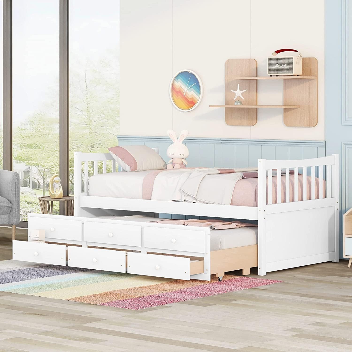 Harper & Bright Designs Daybed with Trundle and Storage Drawers,Wood Twin Captains Bed, Trundle Daybed with Storage for Kids Teens or Adults (Twin,White)
