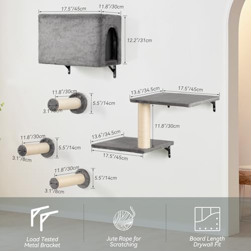 NUNU LAB 5-in-1 Wall-Mounted Cat Climber Set, Cats Wall Shelve, Wall-Mounted Cat Climbing Shelves, with House, Bridge, Steps, Scratcher, Hammock, Shelves (A-KM060)