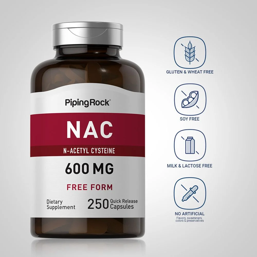 N-Acetyl Cysteine (NAC) 600 mg | 250 Coated Caplets | Non-GMO, Gluten Free | By Piping Rock