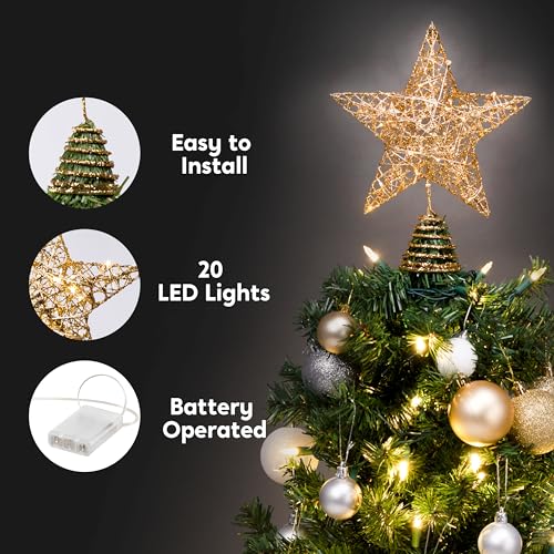 Joiedomi 8 inch Christmas Gold Glitter Star Tree Toppers Metal Lighted with 20 LED Lights for Xmas Decorations, Holiday Party Indoor Decor