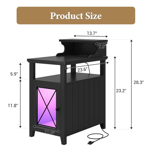 Itaar Farmhouse End Table with Charging Station, Side Table w/Door & Open Shelves, Narrow Nightstand with LED Lights, Bedside Table with Storage Cabinet for Bedroom, Living Room, Black