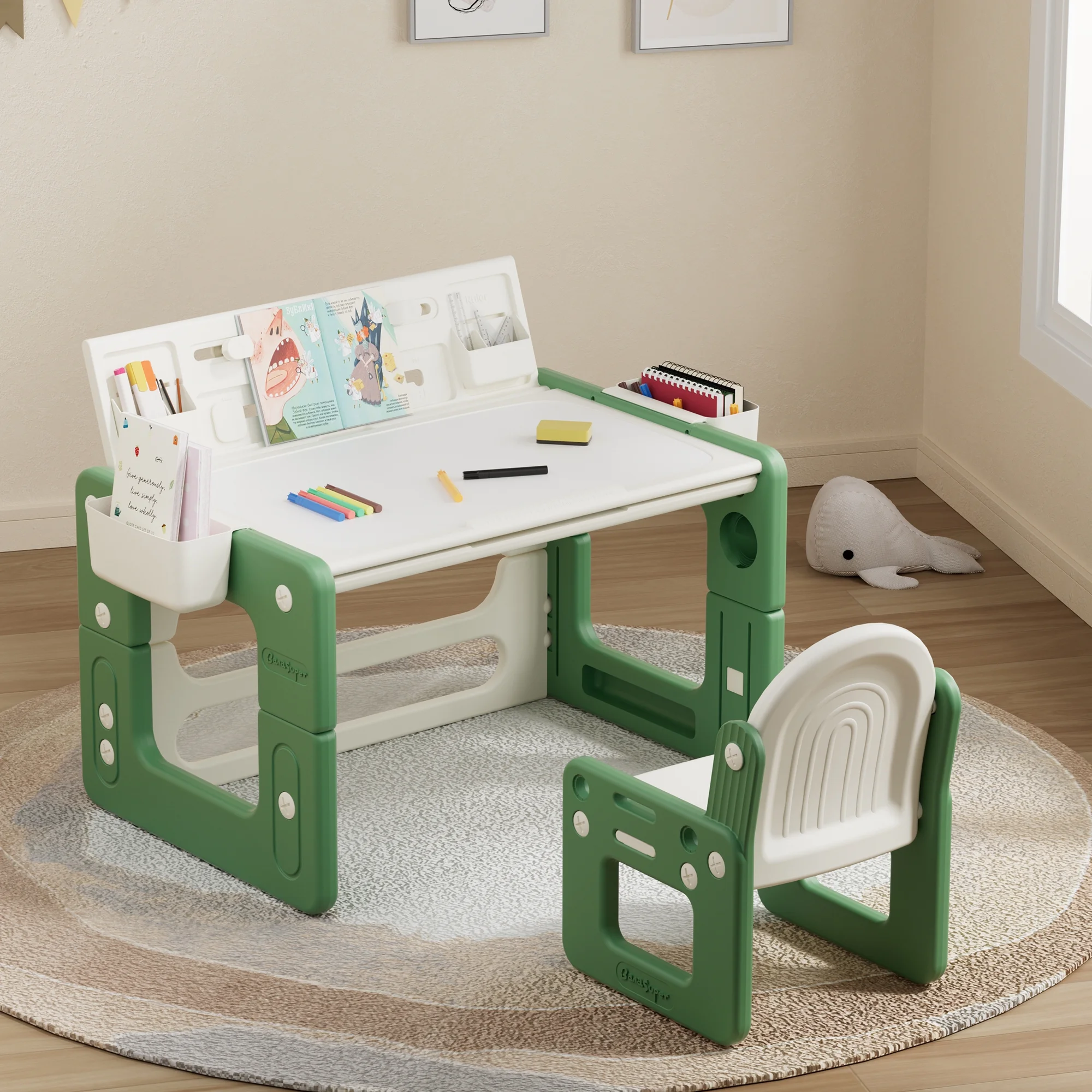 3 in 1 Kids Table and Chair Set Toddler Building Block Table Children Play Table with Drawing Board Adjust Height Activity Desk with Storage, Green