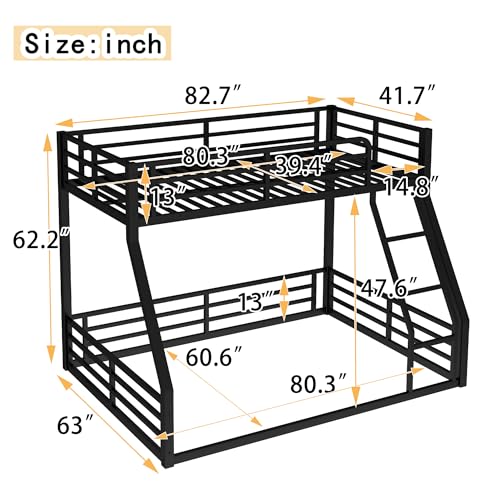 Heavy Duty Bunk Bed Frame with Ladder, Twin XL Over Twin XL Bunk Beds with Safety Guardrails, Adults Bunk Beds with Noise-Reducing Rubber Stoppers, Easy Assemble, Black