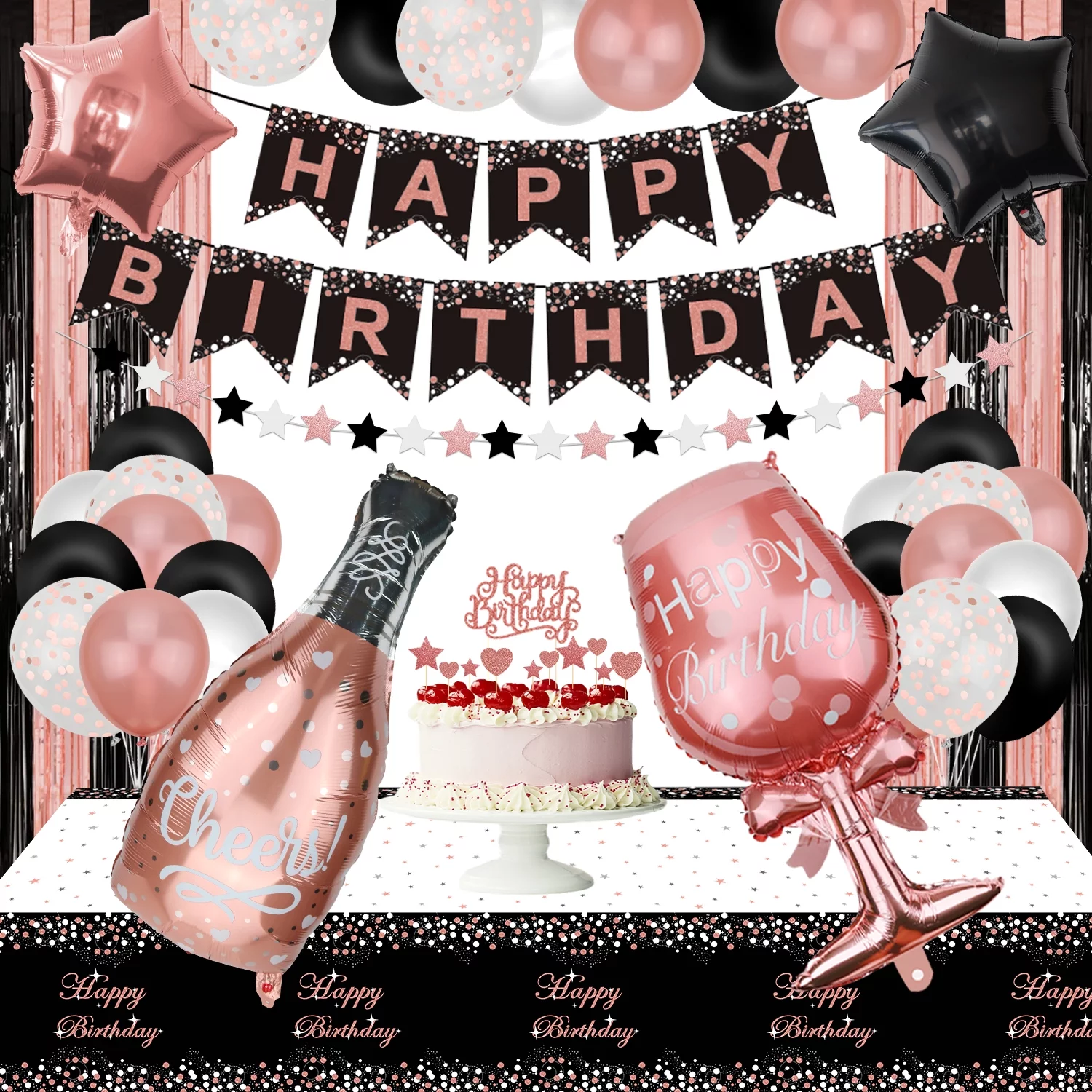 Rose Gold and Black Party Decorations - Happy Birthday Banner, Balloons, Fringe Curtains, Tablecloth and Cake Topper for 1st 16th 21st 30th 40th 50th Girls Rose Gold and Black Birthday Party Supplies