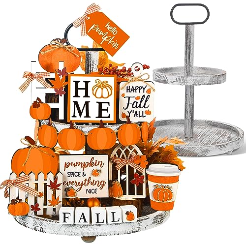 21 Fall Thanksgiving Tiered Tray Decor with Two Tiered Tray Fall Table Decor Maple Leaf Pumpkin Signs Thanksgiving Autumn Harvest Decorative Trays Wooden Tabletop Signs for Home Kitchen