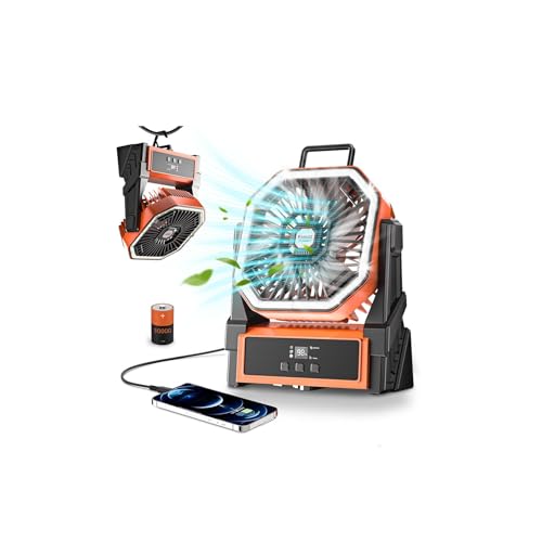 Portable Camping Fan Rechargeable with LED Lantern - 20000mAh Cordless Battery Powered Fan, 4 Speed Quiet USB Table Desk Fan, Battery Operated Tent Fan for Travel, Beach, Fishing, Home&Office (Orange)