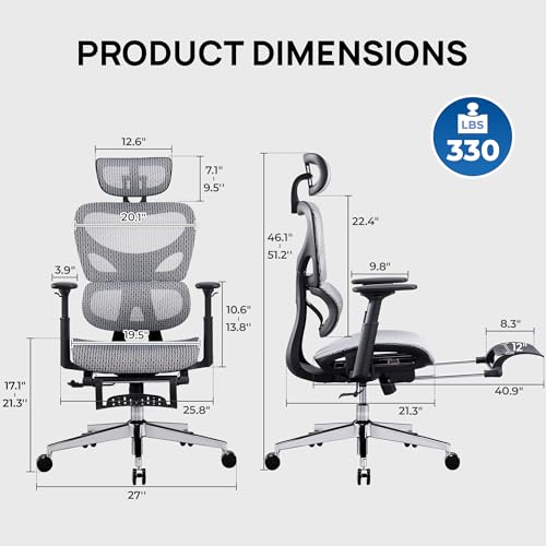 Huuger Mesh Office Chair with Footrest, Ergonomic Desk Chair with Lumbar Support, Comfortable Gaming Chair with Multi-tilt Angle Backrest, Headrest and 3D Armrest, Large Steel Base, Grey and Black