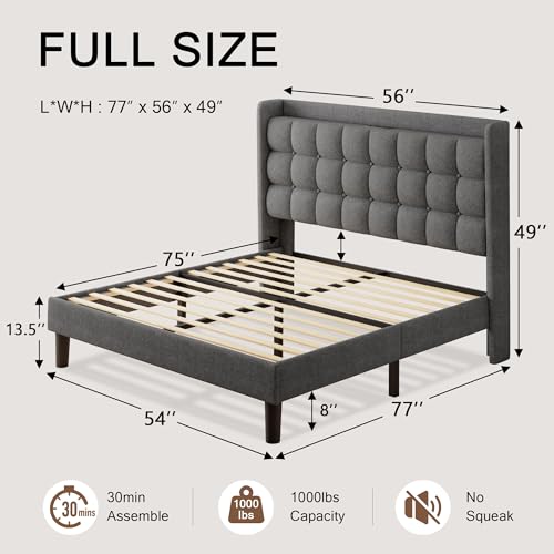 Queen Bed Frame, Upholstered Platform Bed with Charging Station, Modern Wingback Storage Headboard, Solid Wood Slats Support, No Box Spring Needed, Dark Gray