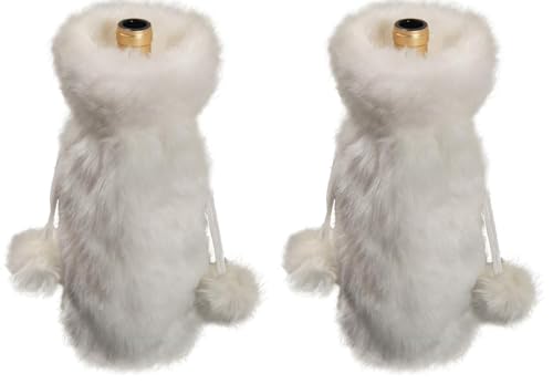 Amosfun Christmas Wine Bottle Cover Bags White Faux Fur Christmas Bottle Cover Bag with Drawstring Wine Bag for Home Table Decorations