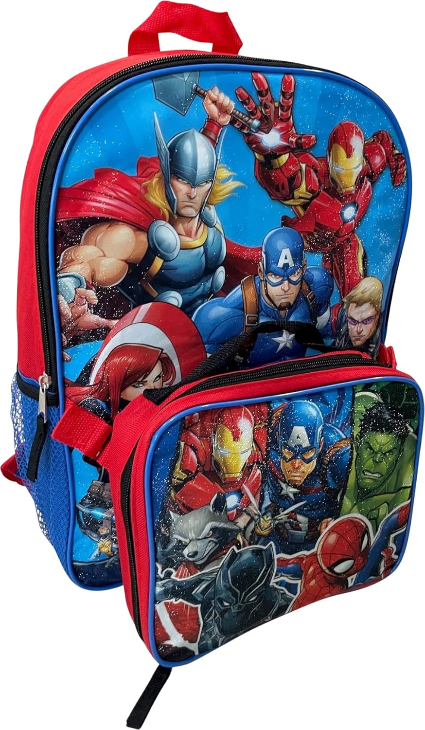 Marvel Avengers 15 Inch Kids Backpack With Removable Lunch Box Set (Red-Blue)