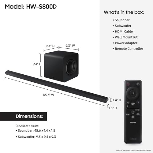 SAMSUNG HW-S50B/ZA 3.0ch All-in-One Soundbar w/Dolby 5.1, DTS Virtual:X, Q Symphony, Built in Center Speaker, Adaptive Sound Lite, Bluetooth Multi Connection, 2022 Black