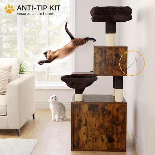 YITAHOME Cat Tree with Litter Box Enclosure, Hidden Cat Litter Box Furniture with Sisal Scratching Post, Wooden Cat House with Basket, Brown