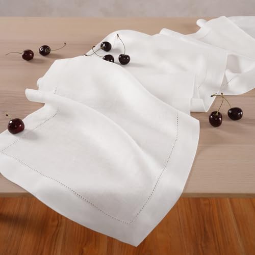 Cotton Linen White Table Runner 72 Inches Long – Spring, Summer Farmhouse Table Runner with Motif Embroidery – Washable Fabric Scarf for Wedding Decoration, Gift