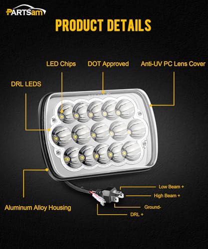 Partsam 2PCS Rectangle H6054 LED Headlights 5x7 7x6 Headlamp Hi/Low Sealed Beam H4 9003 Plug 6054 H5054 Compatible with S10 Blazer Express Van/Wrangler YJ XJ Cherokee Truck Van