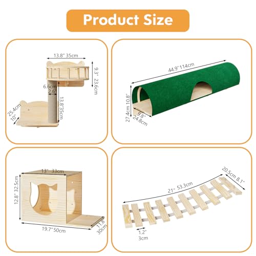 16 Pcs Pine Wooden Cat Wall Shelves, Wall Climber with House, Shelf, Bridge Ladder and Tunnel, Indoor Mounted Climbing Shelf