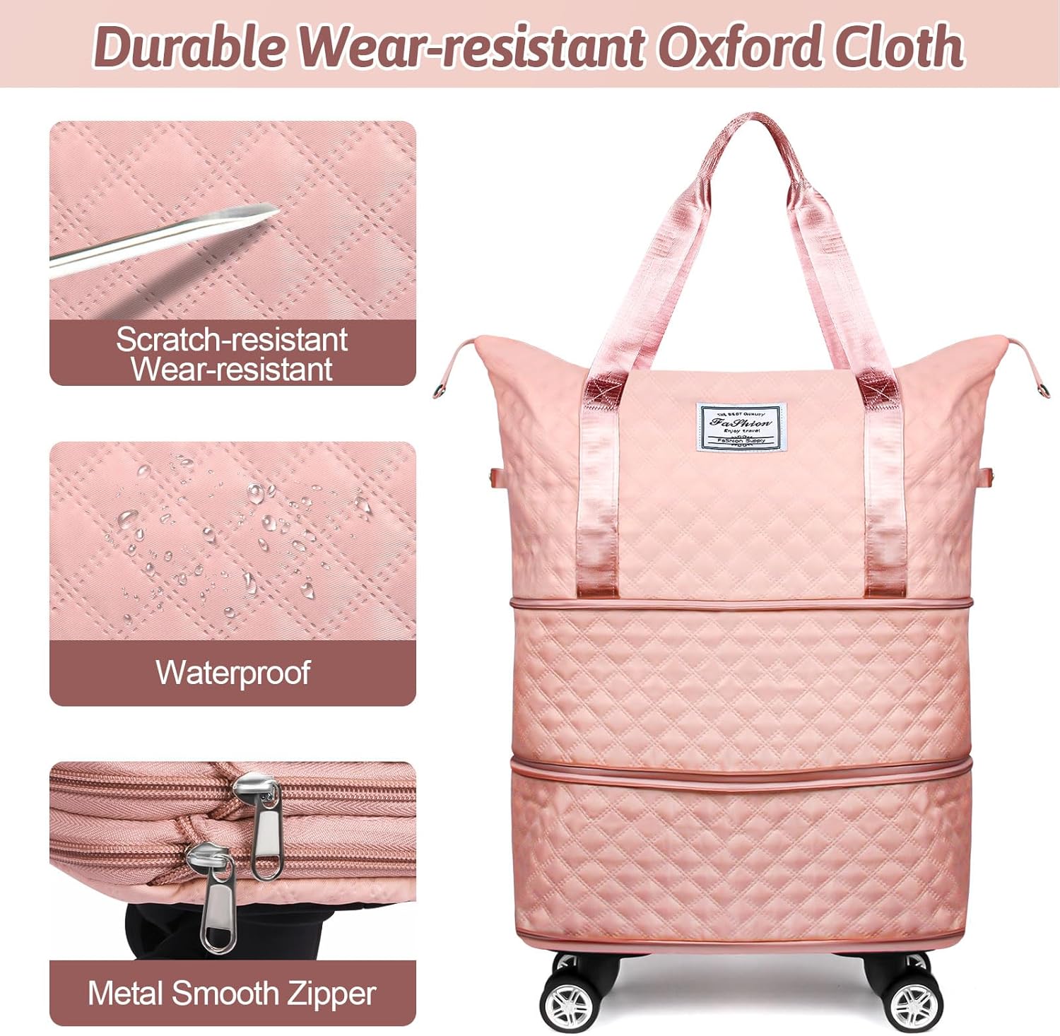 Rolling Duffle Bag with Wheels and Handle, Expandable Travel Duffel Bag Luggage Bag, Foldable Travel Bag with Wheels Rolling Carry on Duffle Bag, Large Wheeled Duffle Bag Luggage, Pink