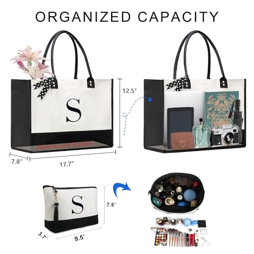 BeeGreen Mother's Day Gifts Personalized Women's Large White and Black Canvas Tote Bag, Embroidered Initials, Leather Handle, Zipper Closure