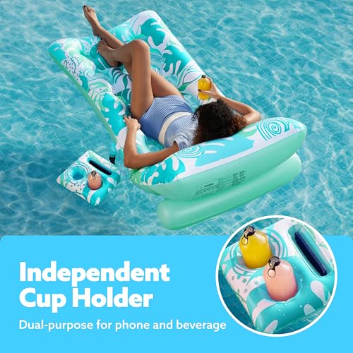 SLOOSH Adjustable Backrest Pool Floats - Tropical Leaves Pool Lounger Floaties Adults with Cup Holders, Inflatable Tanning Float Rafts Chair Beach Lake Lounge Floating Above Water Keep Cool (Blue)