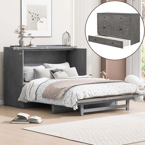 MERITLINE Queen Size Murphy Bed with Storage Drawer & Charging Station, Farmhouse Murphy Cabinet Wall Bed for Guest Bedroom, Living Room, Office, Noisy Free, Brushed Gray