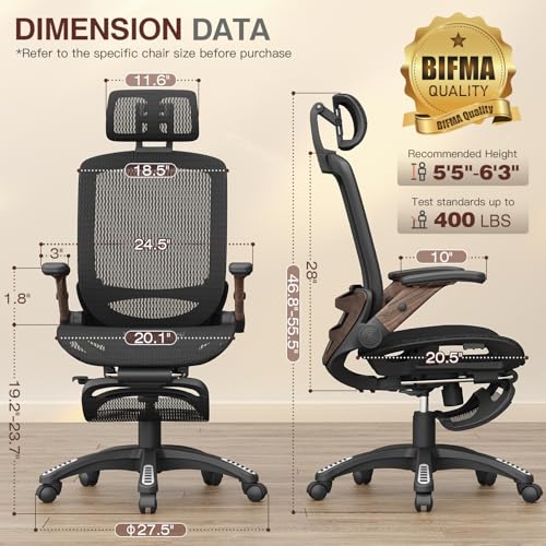 GABRYLLY Ergonomic Office Chair with Footrest, High Back Mesh Computer Chair with Flip-Up Arm, 3D Headrest, 135° Reclining, Rolling Gaming Task Chair with Wide Seat Lumbar Support,400LBS