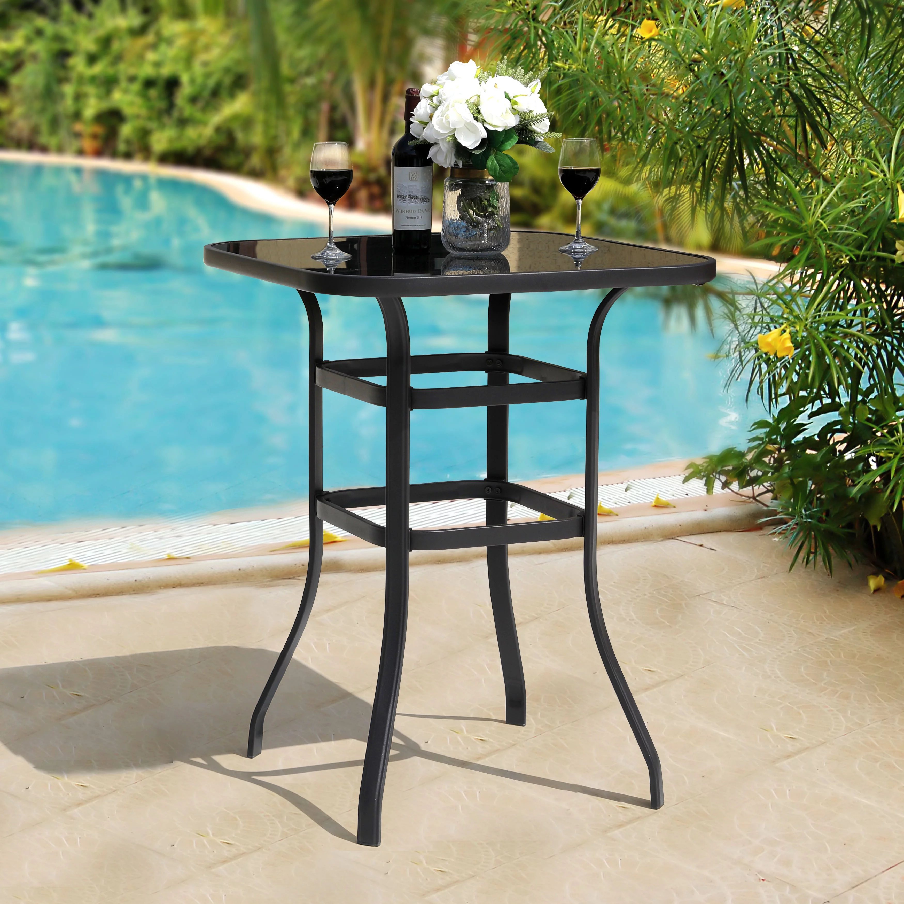 Nuu Garden 32 inch Outdoor Patio Bar Height Bistro Table with Tempered Glass, Table Top and Metal Frame, Suitable for Patio, Back, Yard, Cafes, Bistro, Black