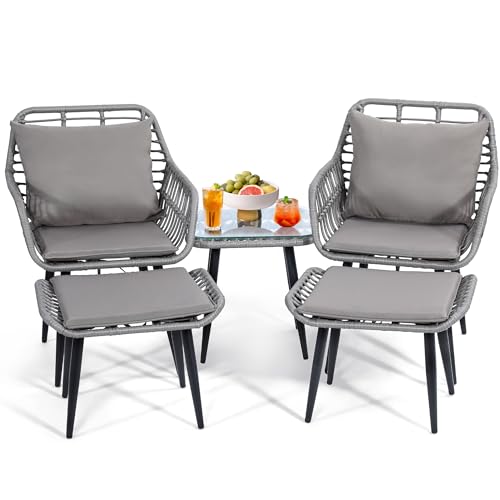 5 Piece Wicker Bistro Patio Conversation Furniture Set, Includes 2 Chairs, 2 Ottomans, and Side Table, Ideal for Porch, Balcony, Deck, Backyard, Natural