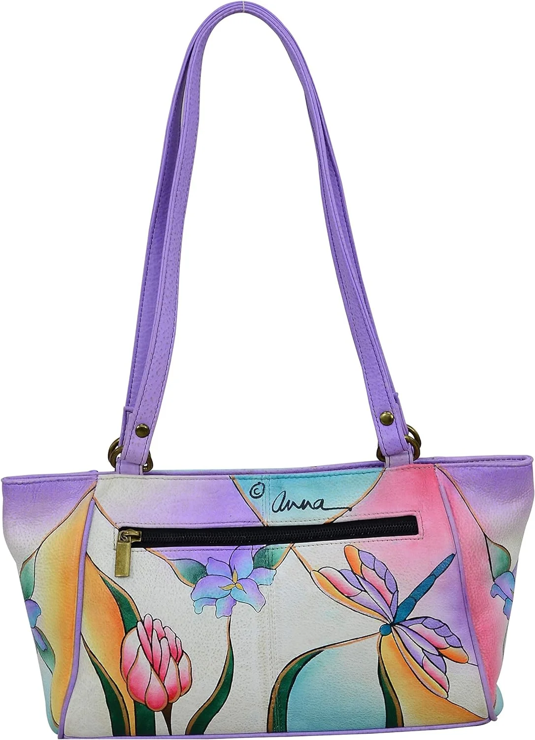 Anna By Anuschka Womens Small Tote Handbag Genuine Leather, Dragonfly Glass Painting