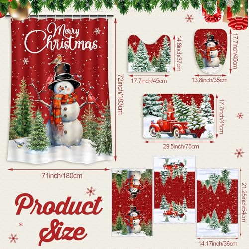 Vesici 7 Pcs Christmas Shower Curtain Set Merry Christmas Bathroom Curtain Non Slip U Shape Rugs Toilet Seat Cover Mat and 3 Towels Waterproof Watercolor Xmas Winter Bathroom Accessories