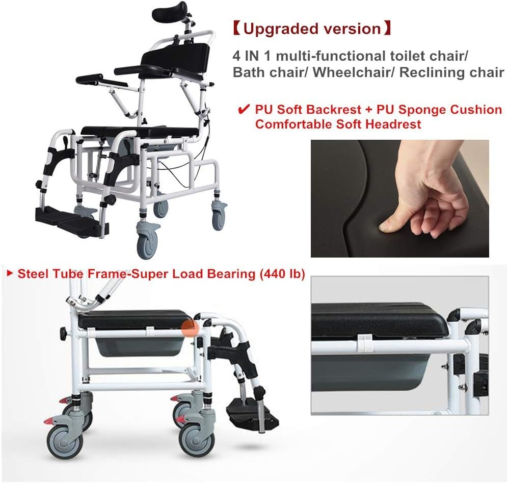Nurth Tilt-in-Space Reclining Shower/Toilet Commode Chair, with Padded Seat, Back, Armrests. Care 4-in-1 Multifunction Chair, Flip-up Arm and Foot Rests, Commode Pail and Adjustable Headrest