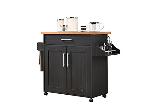 Hodedah Rolling Wood Kitchen Island Cart with Spice Rack, Towel Rack, Utensil Drawer plus Cabinet, White with Beech Top