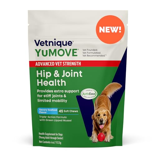YuMOVE Hip & Joint Supplement for Dogs with Glucosamine, Hyaluronic Acid, Green Lipped Mussel & Omega 3 Joint Supplement - Regular or Advanced Strength (45ct, Advanced Vet Strength Soft Chews)
