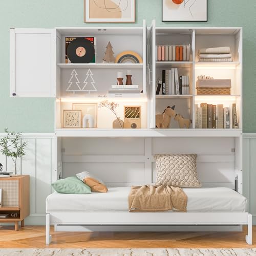 SOFTSEA Twin Murphy Bed with Storage Bookcase and Shelves, Horizontal Wall Bed with LED Light & Charging Stations, Space-Saving for Living Room, Guest Room, Bedroom, Office, Grey