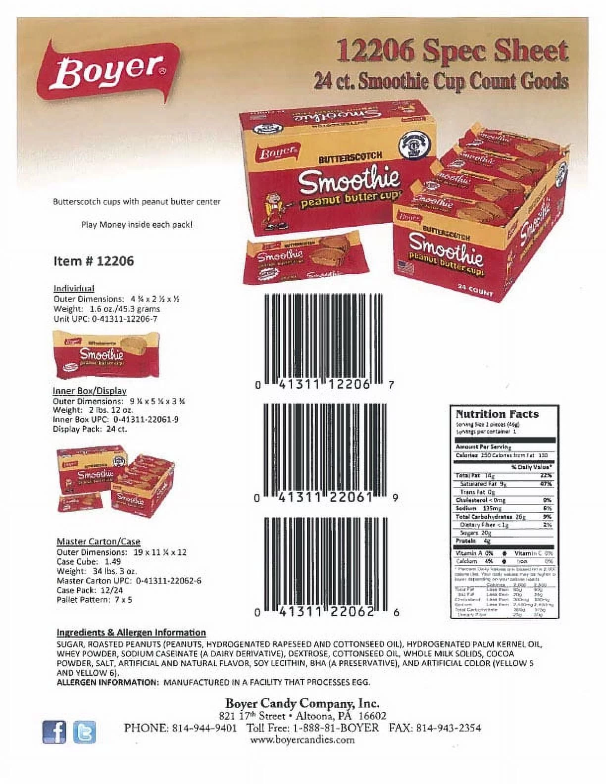 Boyer Candy, Smoothie Butterscotch Peanut Butter Cups, 1.6 oz, 24 Ct