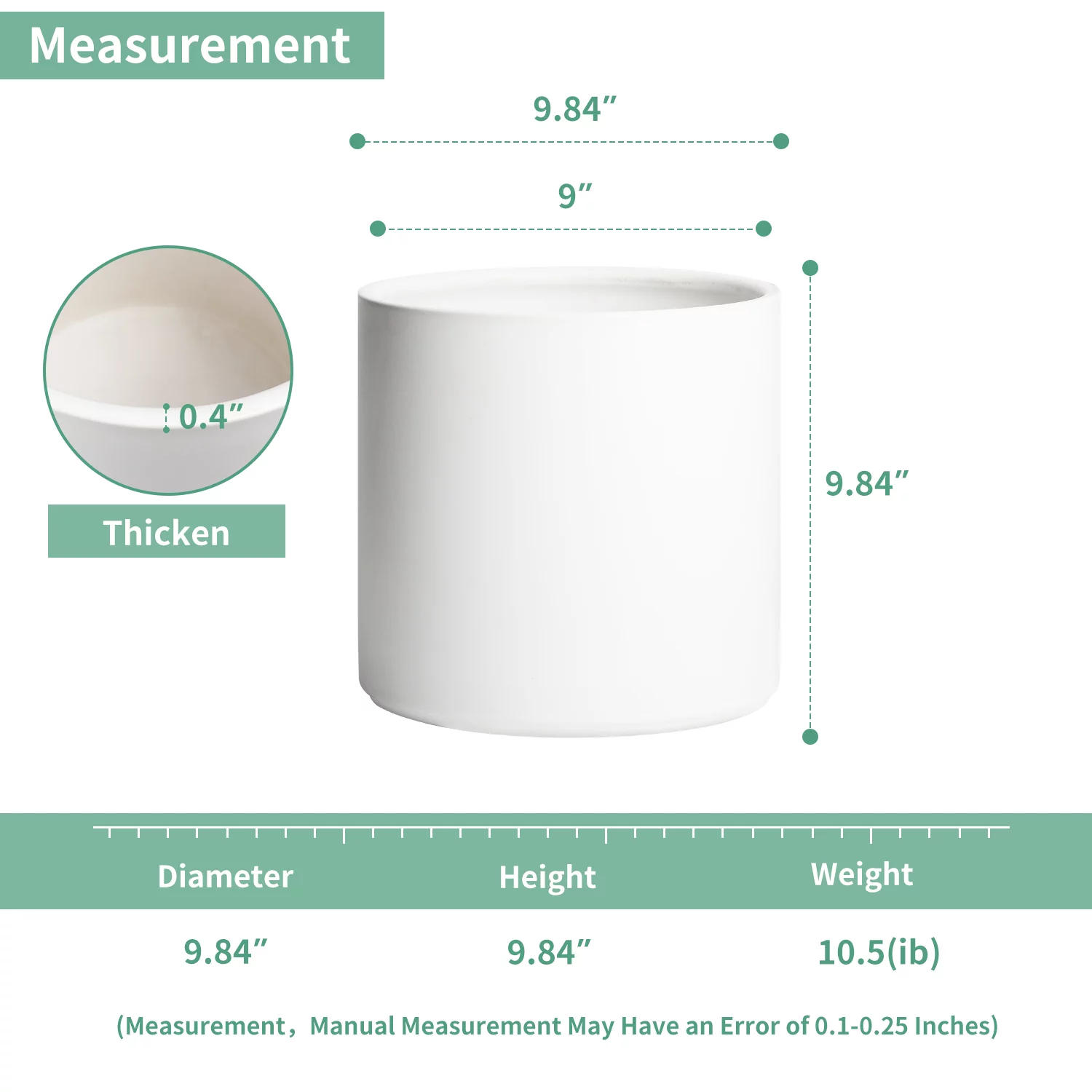 Mozing Ceramic Plant Pots Indoor - 10 x 10 inch Modern Flower Pot with Drainage Hole (White)