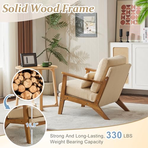 VINGLI Solid Wood Wide Armrests Accent Chair,Upholstered Mid Century Modern Chair with Pillow,Comfy Reading Chair Farmhouse Arm Chair,Chairs Living Room,Bedroom,Guest Room,Linen Fabric,Beige