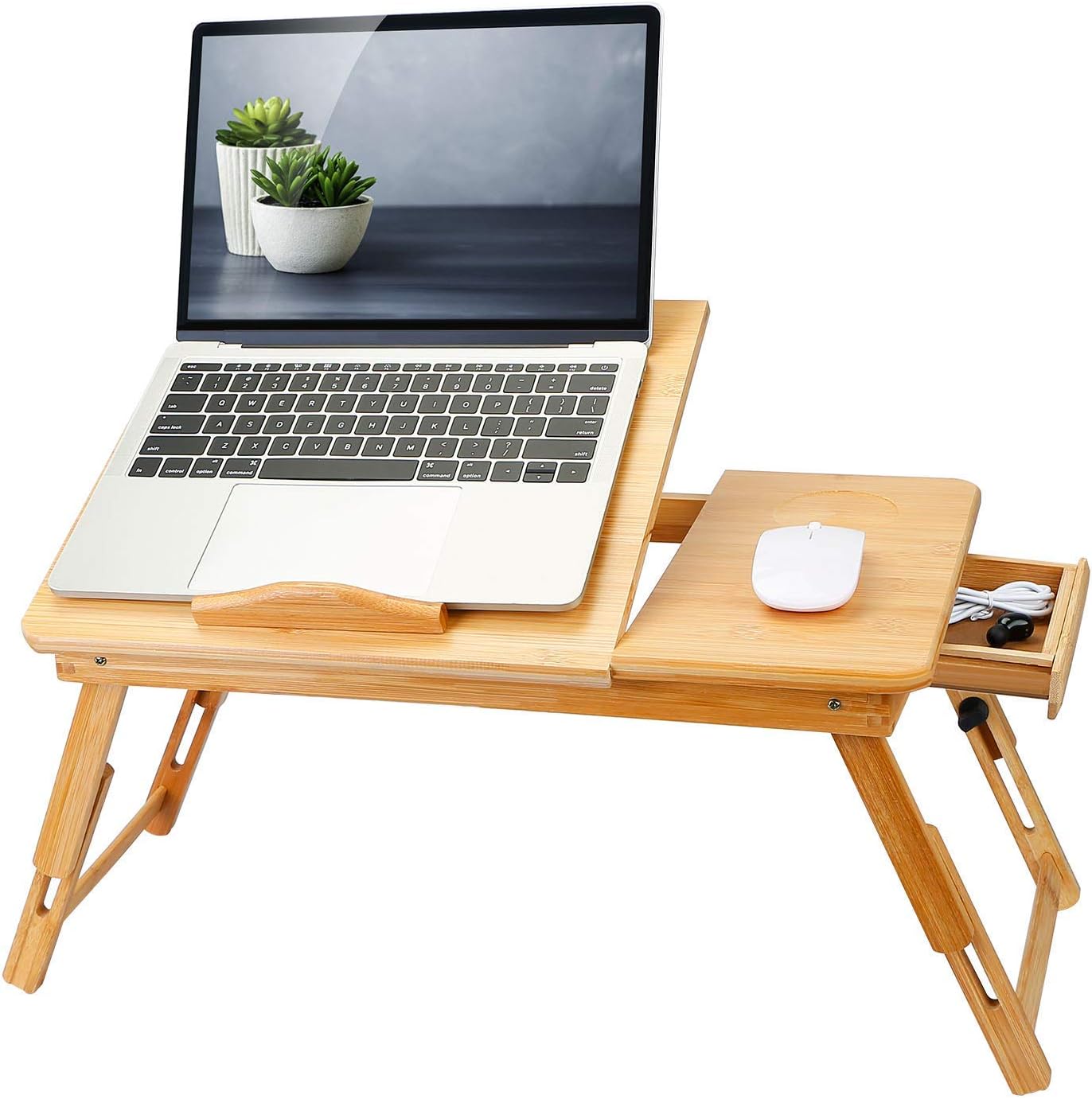 Bamboo Laptop Desk Breakfast Serving Bed Tray Foldable Leg Multi-Position Adjustable Tilt Surface Bed Lap Tray with Side Storage Drawer for Work Study Reading Eating Food