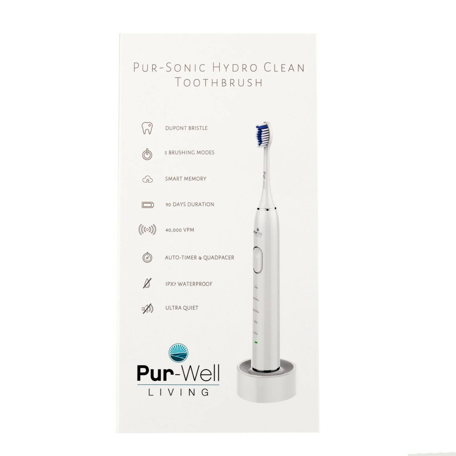 Pur-Well Living Pur-Hydro Clean Tooth Brush Dupont Brush Heads Electric USB Charging Toothbrush Waterproof (White)